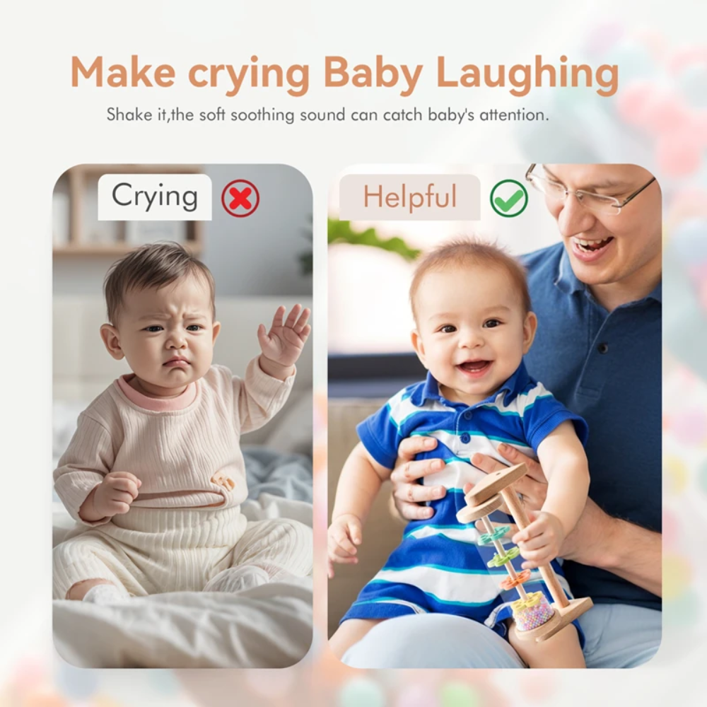 Two baby play scenes, including an adult holding a smiling baby with the wooden rain sound toy.