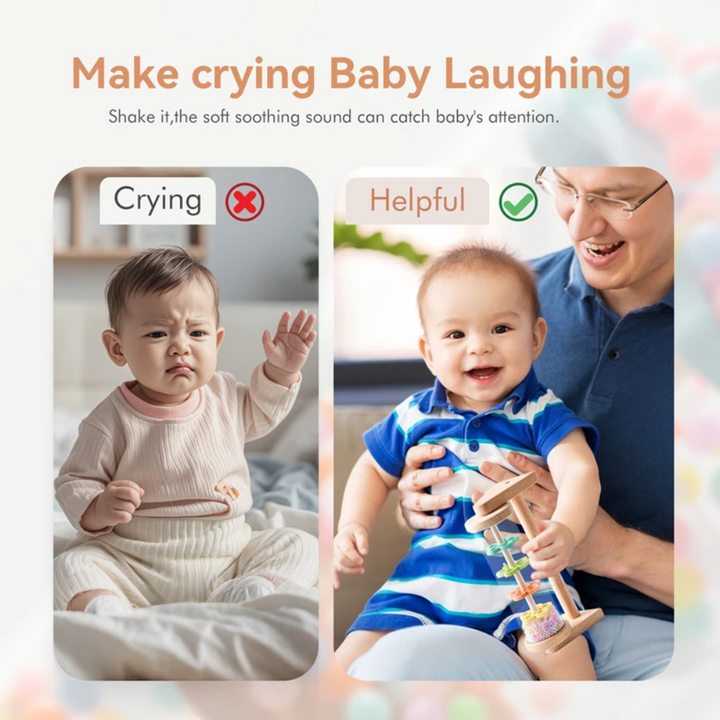 Two baby play scenes, including an adult holding a smiling baby with the wooden rain sound toy.