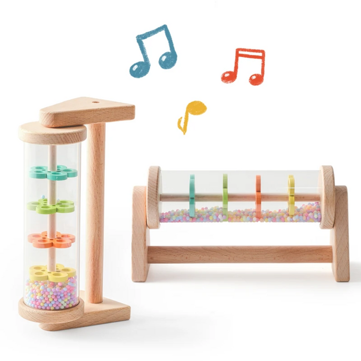 Wooden rain sound toy shown in upright and horizontal positions.