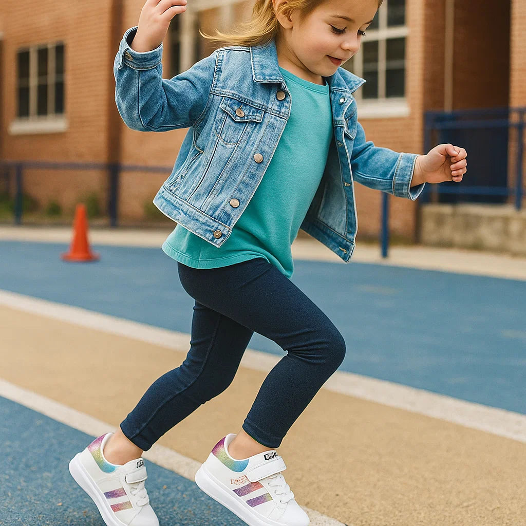 Child running on an outdoor court in white sneakers with rainbow accents.