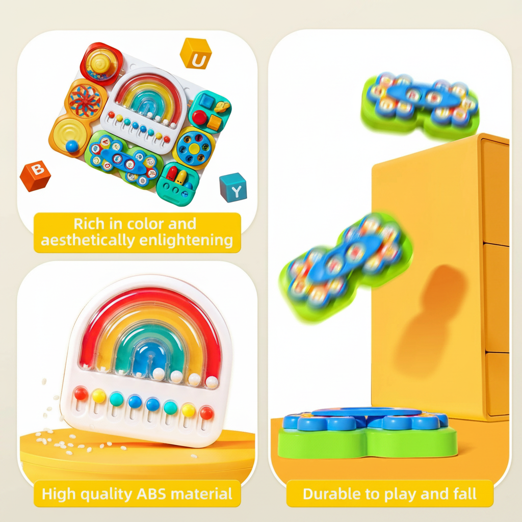 Detail collage showing the rainbow module, assembled activity board and removable pieces