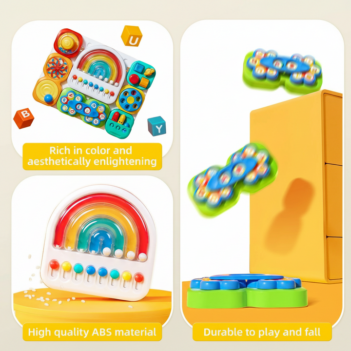 Detail collage showing the rainbow module, assembled activity board and removable pieces