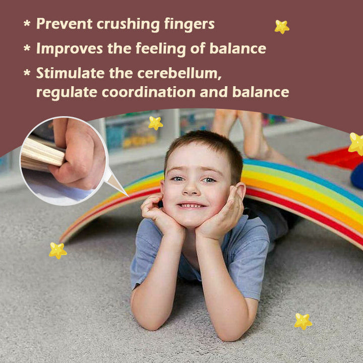 Child lying beneath a rainbow balance board, with an inset showing the board&