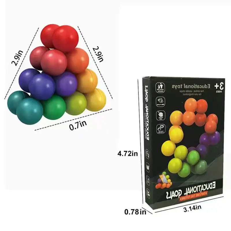 Rainbow ball puzzle in a pyramid shape beside its box, with measurement labels