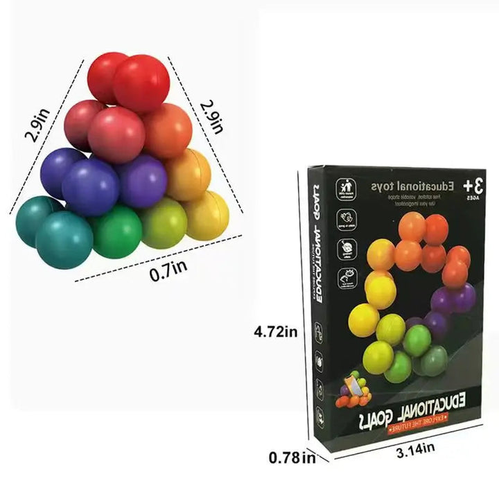 Rainbow ball puzzle in a pyramid shape beside its box, with measurement labels