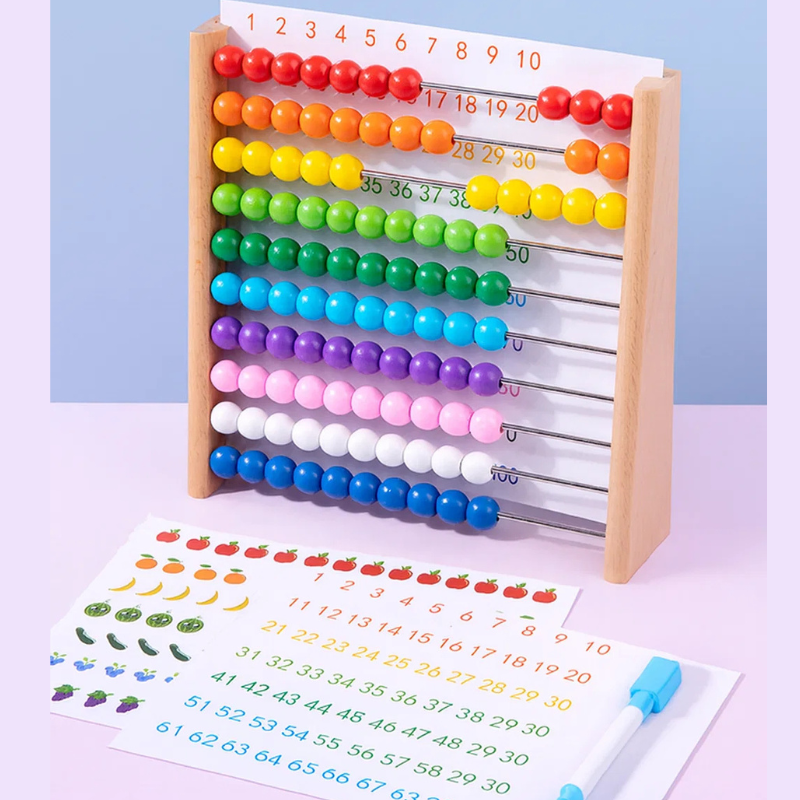 Rainbow-bead wooden abacus with a counting sheet and marker