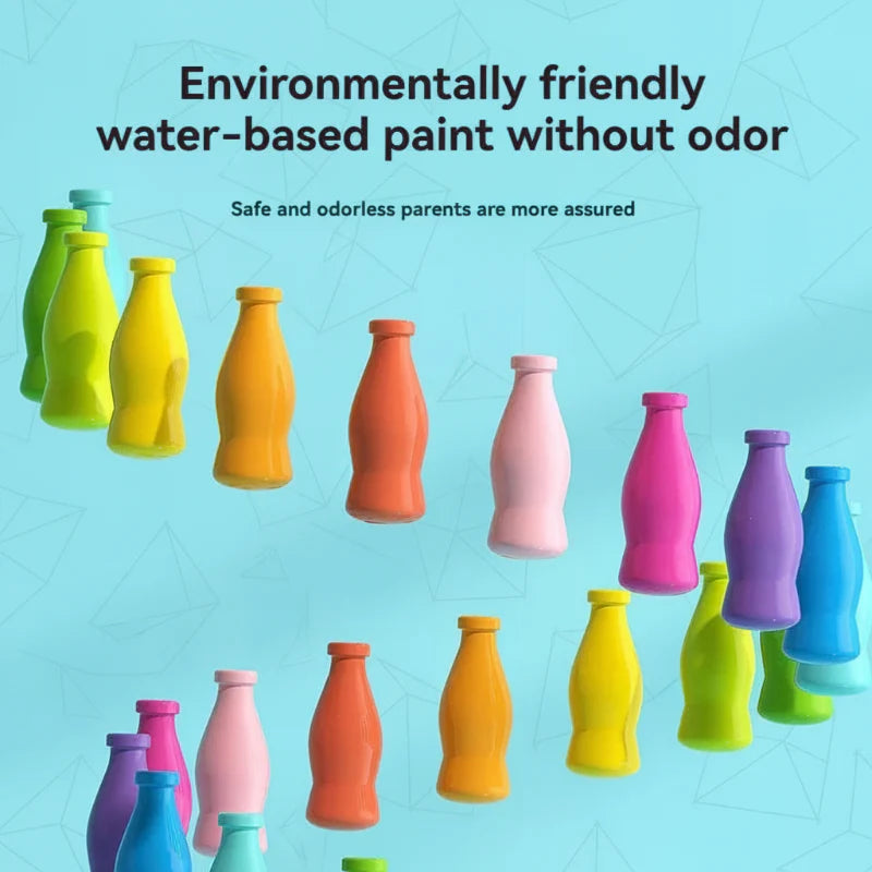 Wooden bottle-shaped pieces arranged in curved rows of bright colors