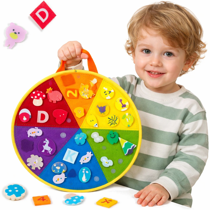 Child holding a round felt color sorting board with removable letters, numbers, and animal pieces