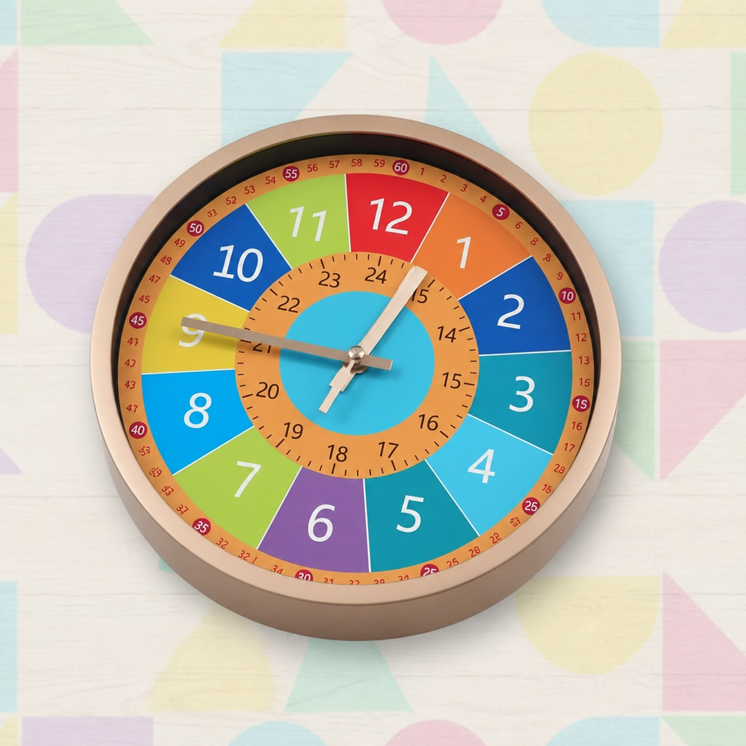 Rainbow learning wall clock mounted on a wall with pastel geometric shapes
