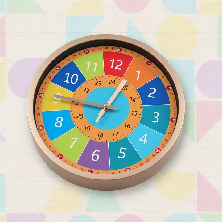 Rainbow learning wall clock mounted on a wall with pastel geometric shapes