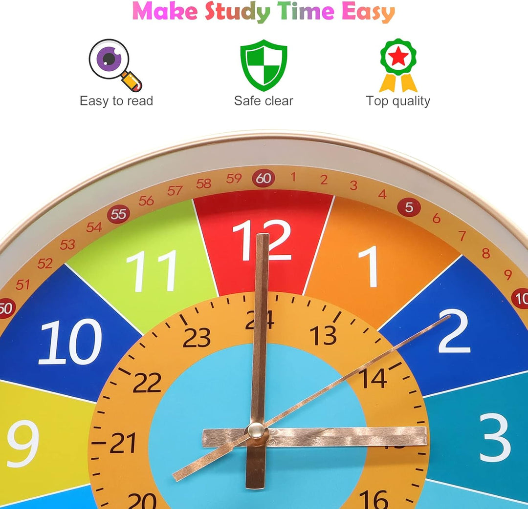Rainbow learning clock graphic showing large hour numbers and an outer minute scale