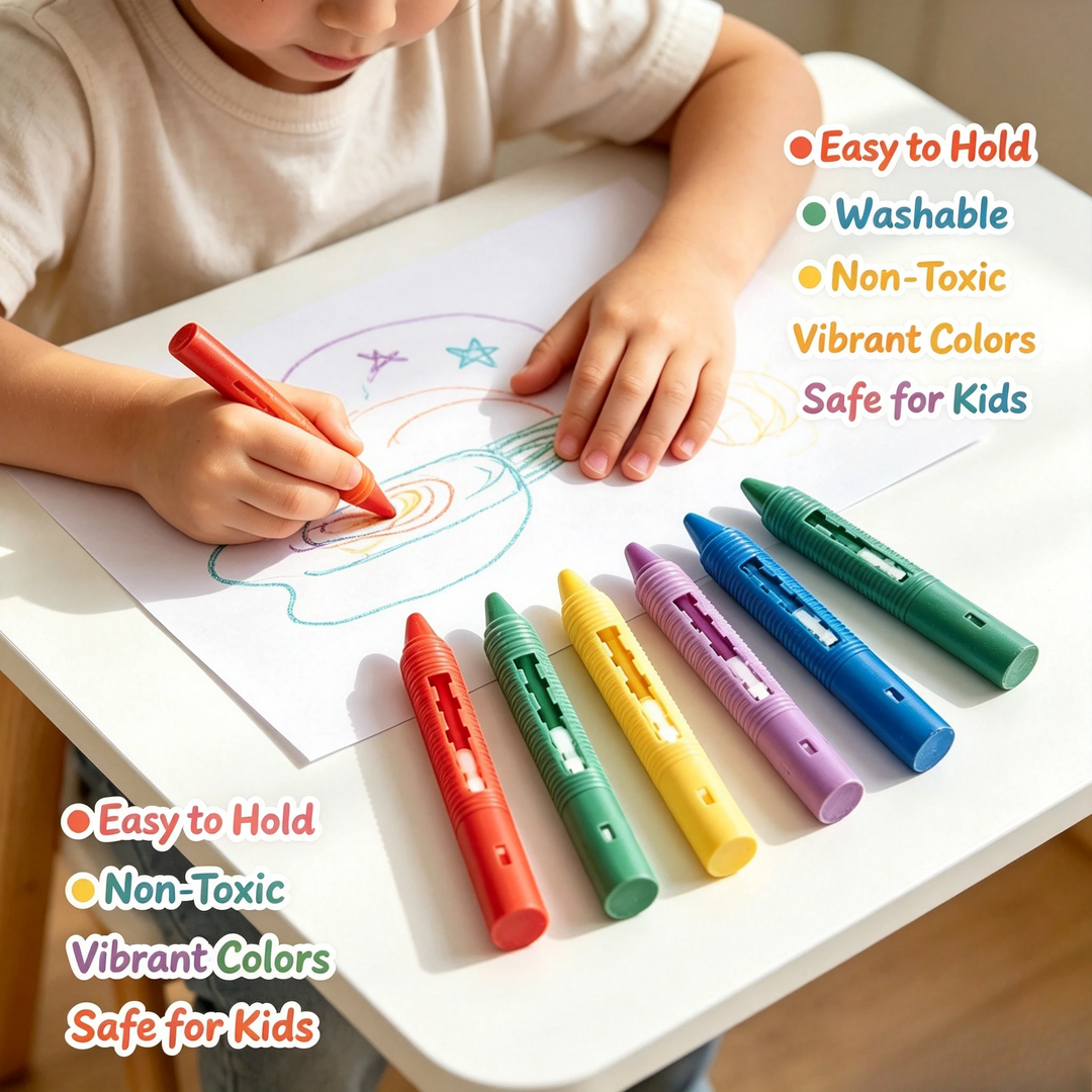 Child drawing a rainbow on paper beside an assortment of colorful bath crayons.