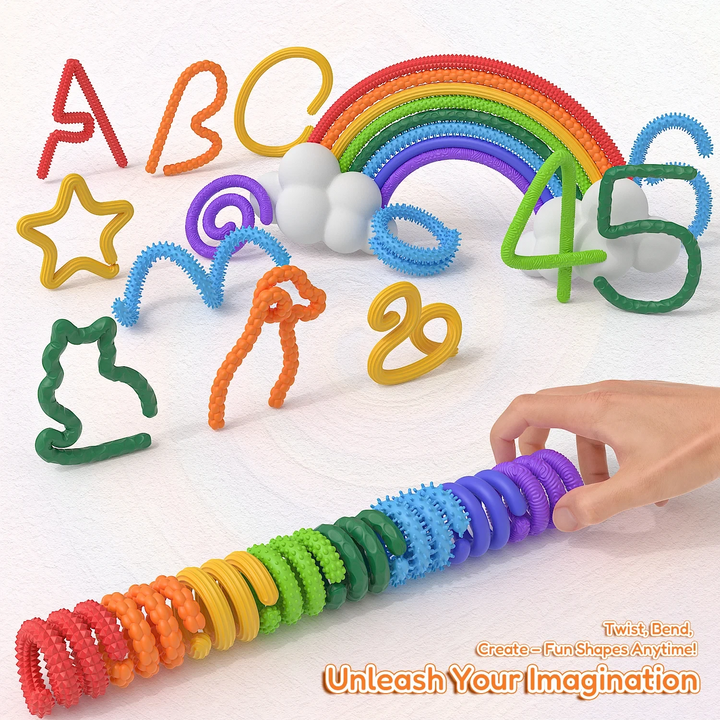 Colorful silicone fidget sticks shaped into letters, numbers, a star, and a rainbow.