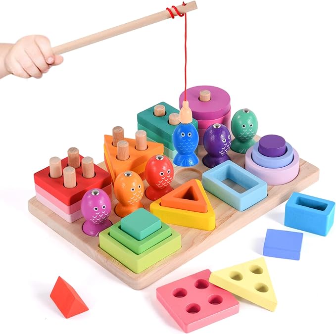 Wooden fishing and shape-sorting board with colorful fish, stacking blocks, and a fishing rod