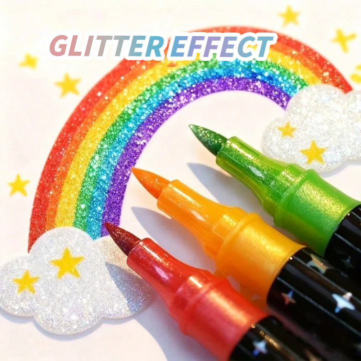 Glitter rainbow drawing with red, orange, yellow, and green marker tips