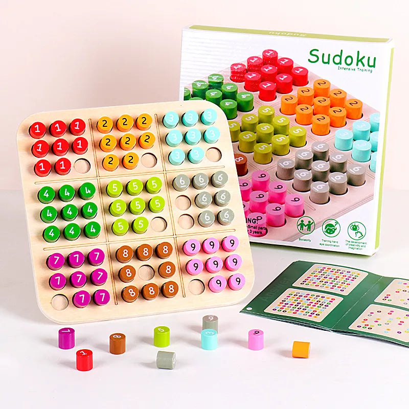 Colorful Sudoku board with numbered pieces, a game booklet, and packaging