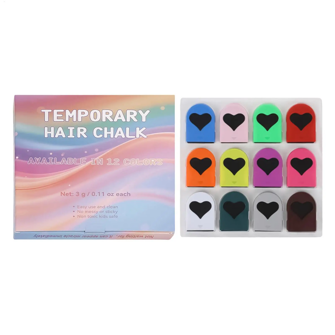 Box and tray of 12 hair chalk colors in heart-decorated holders