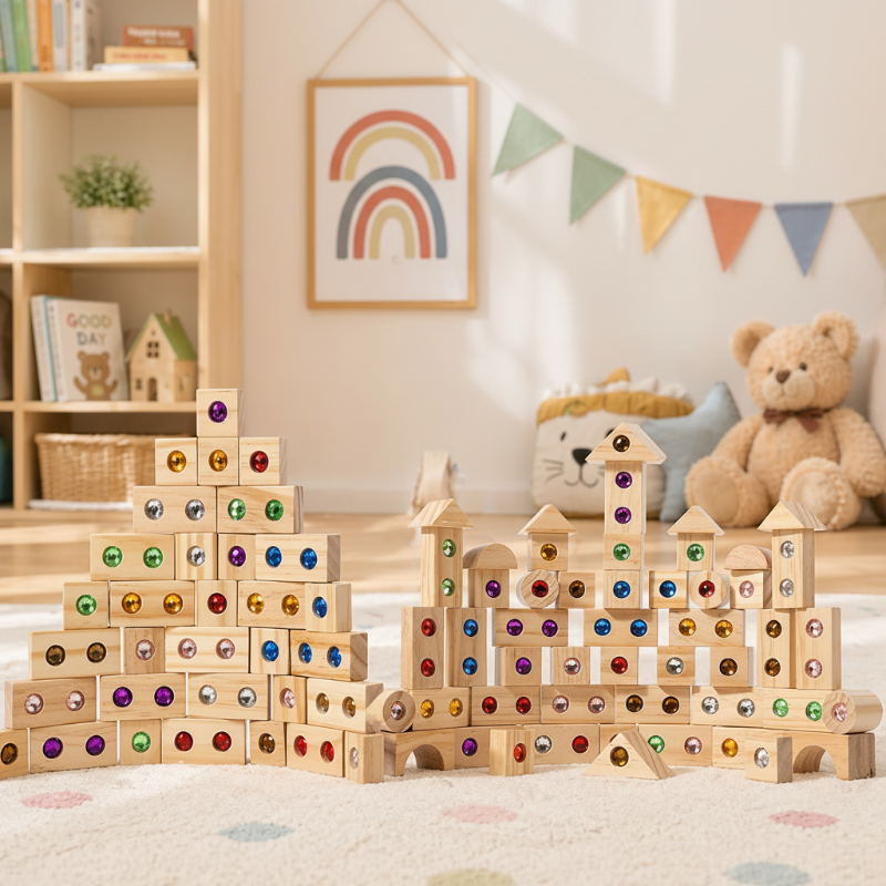 Wooden gem blocks arranged as stepped towers and a castle on a playroom rug