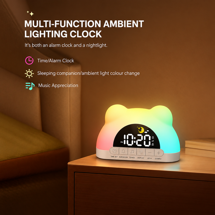 Rainbow-lit digital alarm clock on a nightstand, shown as a clock and ambient light.