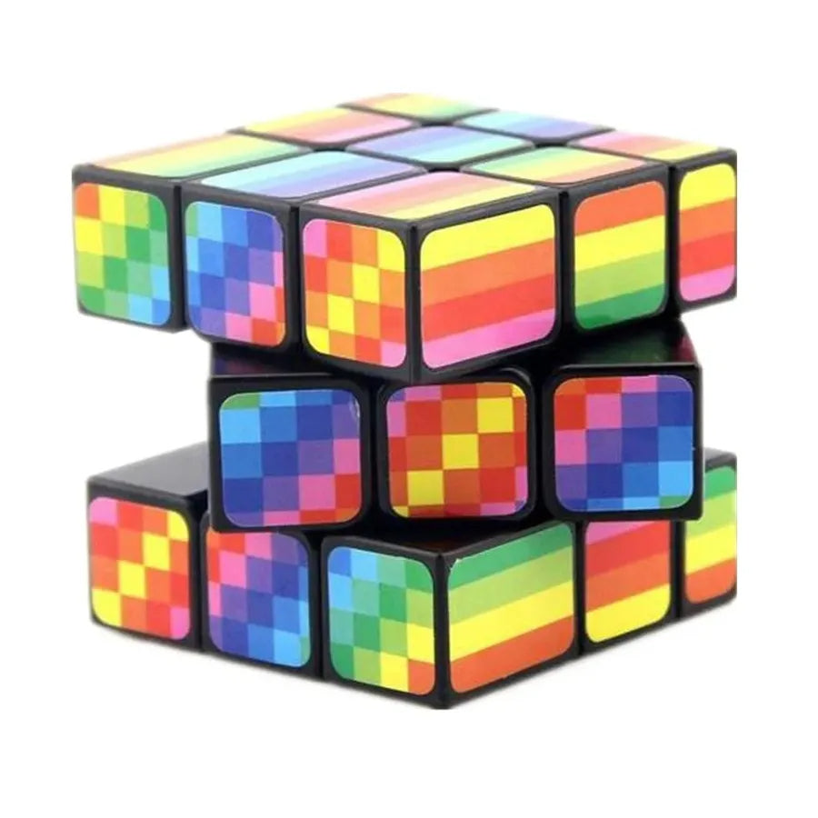 Partially turned black-framed cube puzzle with rainbow-patterned panels