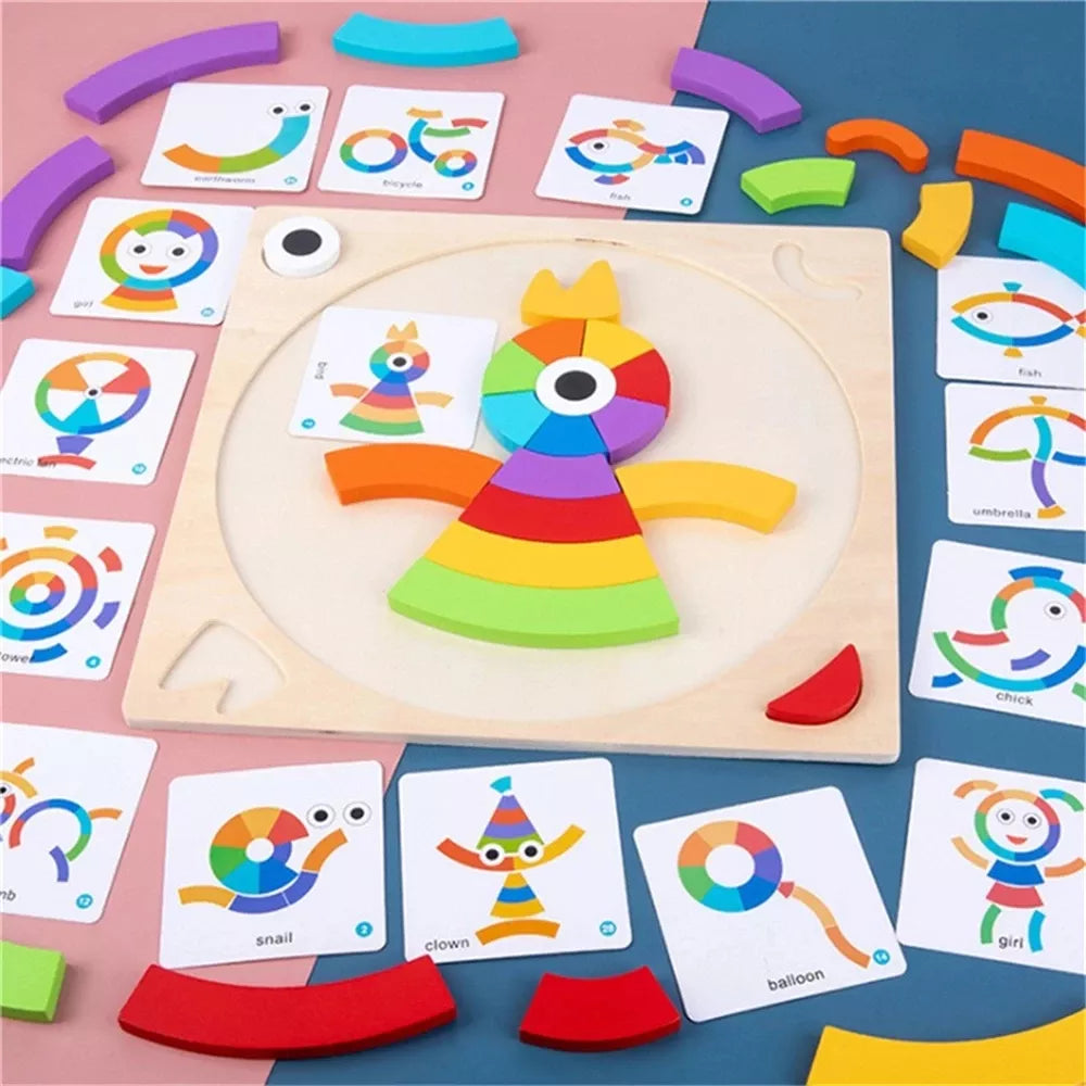 Rainbow wooden puzzle board with a colorful character, curved blocks, and pattern cards
