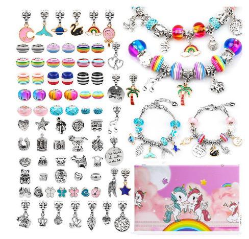 Colorful beads, silver-tone charms, and finished bracelets with a pink pony-themed storage box