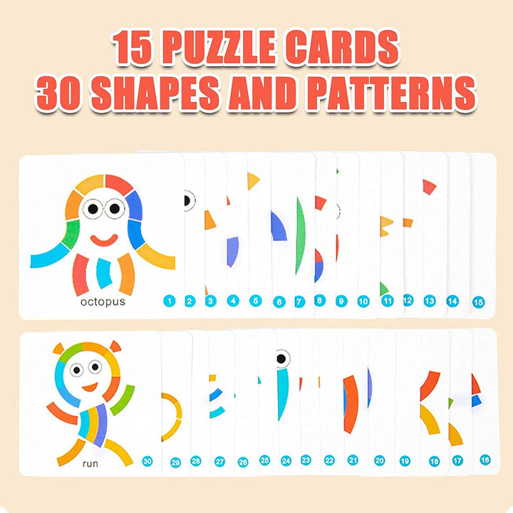 Pattern cards showing an octopus and a running figure made from rainbow puzzle pieces