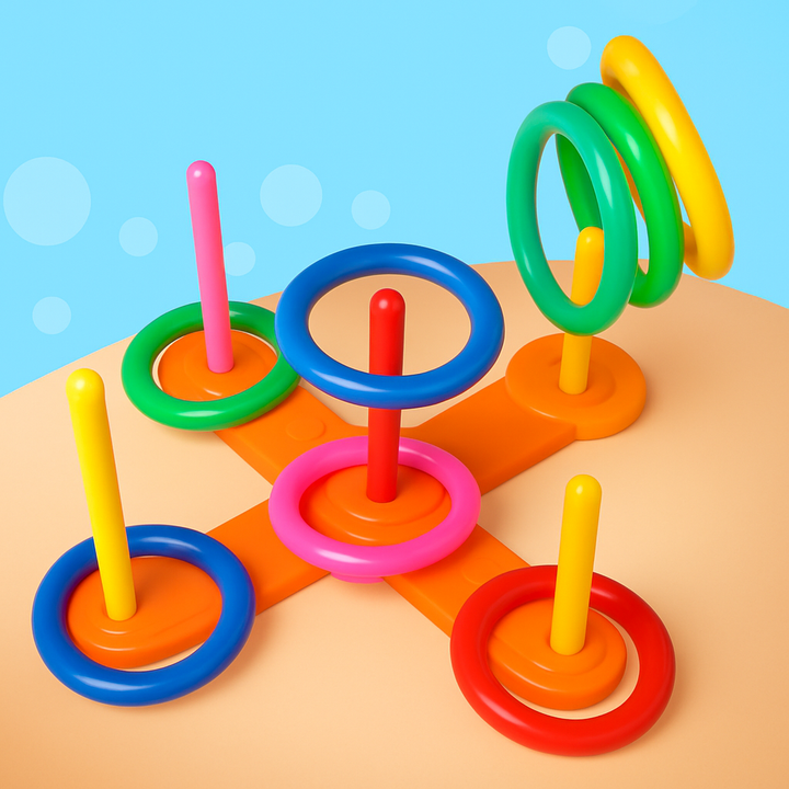 Colorful rings around the upright pegs of an orange cross-shaped ring toss base