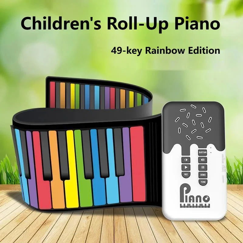 Rainbow roll-up piano with colorful keys curled beside its black-and-white control unit