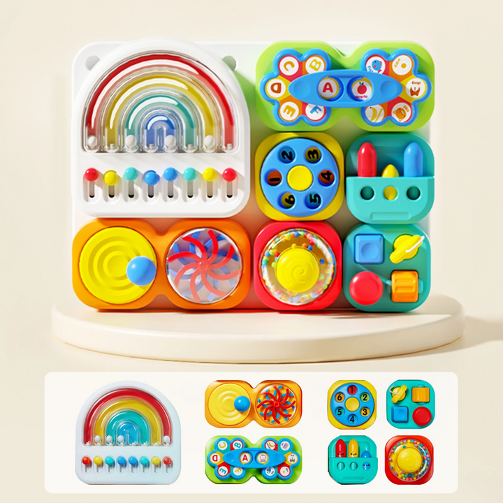 Colorful sensory activity board with seven modules and individual activity pieces shown below