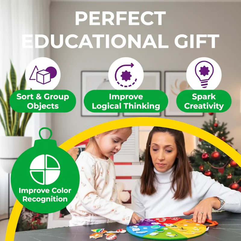 Adult and child sorting felt pieces on a rainbow activity board at a table
