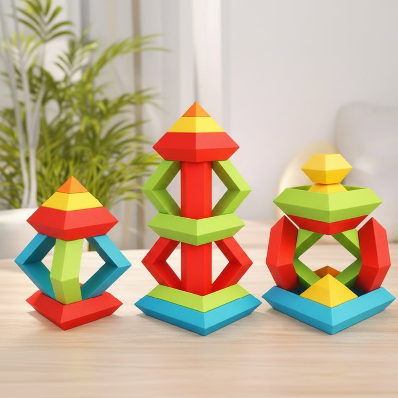 Three colorful pyramid-style towers built from square frames and pointed stacking blocks