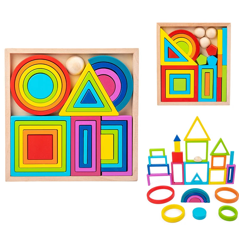 Wooden rainbow stacking toy in two tray sizes with a colorful stacked building arrangement
