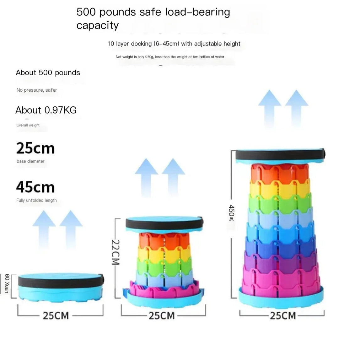 Multicolor stool shown collapsed, partly extended, and fully extended with measurement arrows