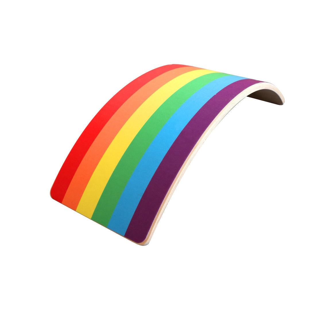 Arched wooden balance board with red, orange, yellow, green, blue, and purple stripes