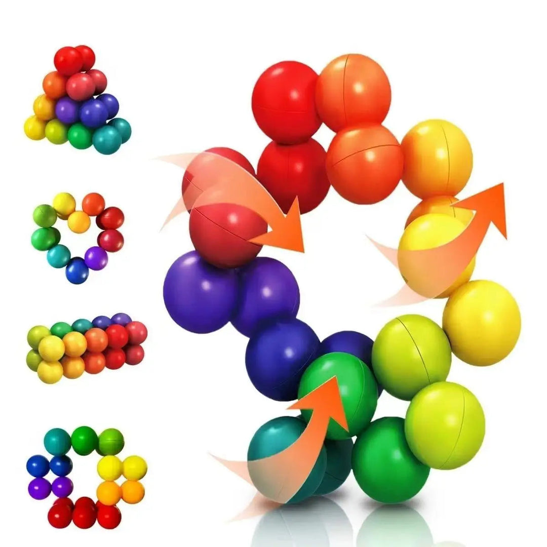 Rainbow puzzle balls with arrows showing twisting movement and examples of different shapes