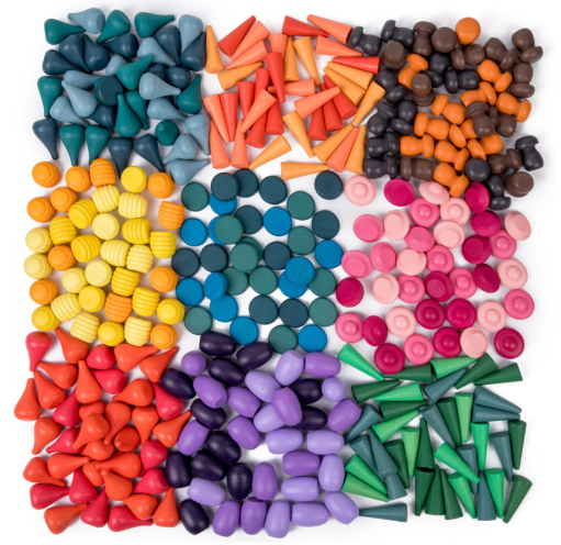 Wooden pieces grouped by color, shown for the 81-piece block set option