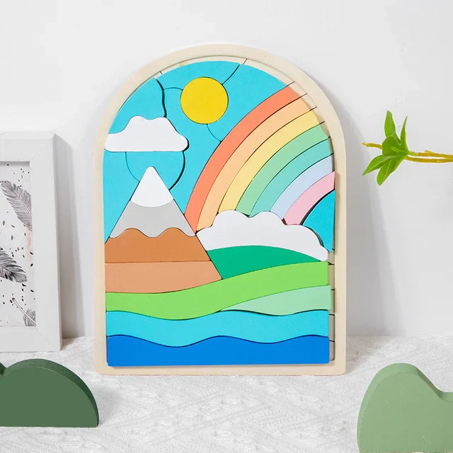 Rainbow design wooden puzzle with a mountain, clouds, sun, and blue waves