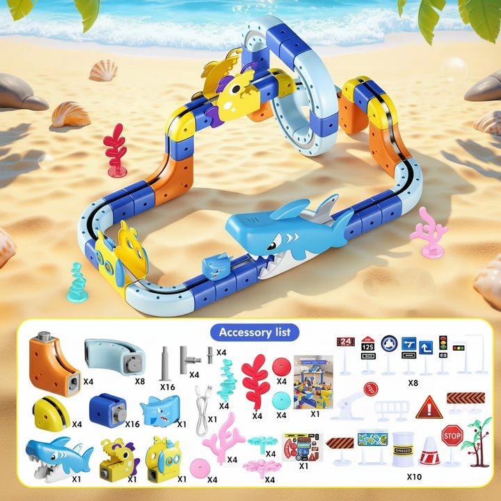 Raised-loop shark train set with an illustrated component list