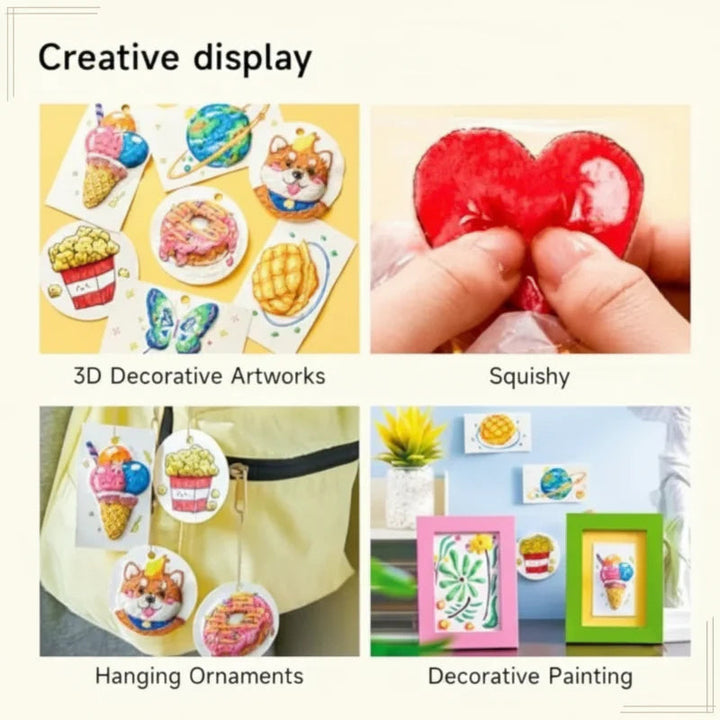 Sponge artwork displayed as decorations, hanging ornaments, and framed pictures