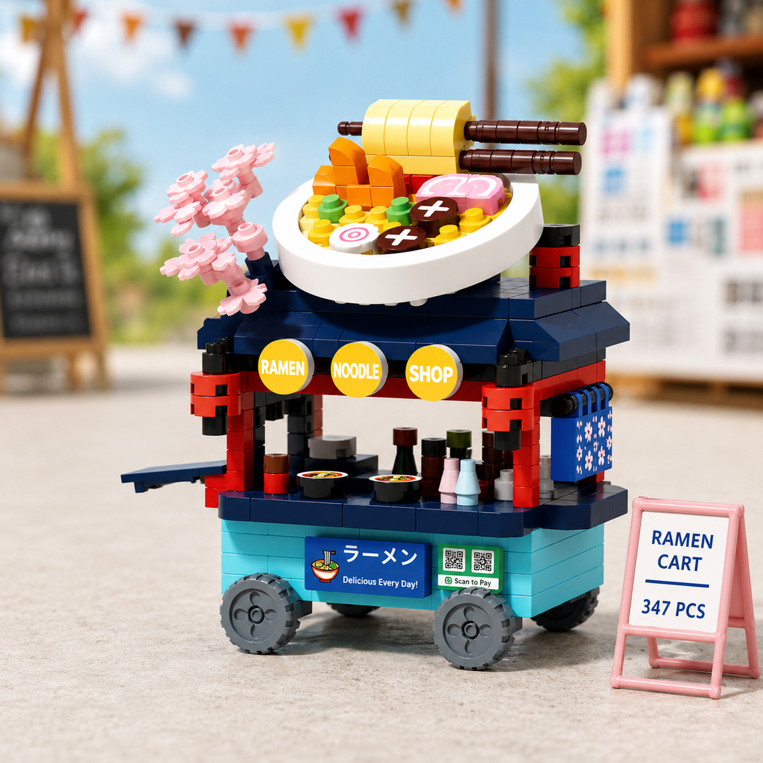 Teal-and-red ramen cart block model with a noodle-bowl roof decoration and a pink flowering tree.