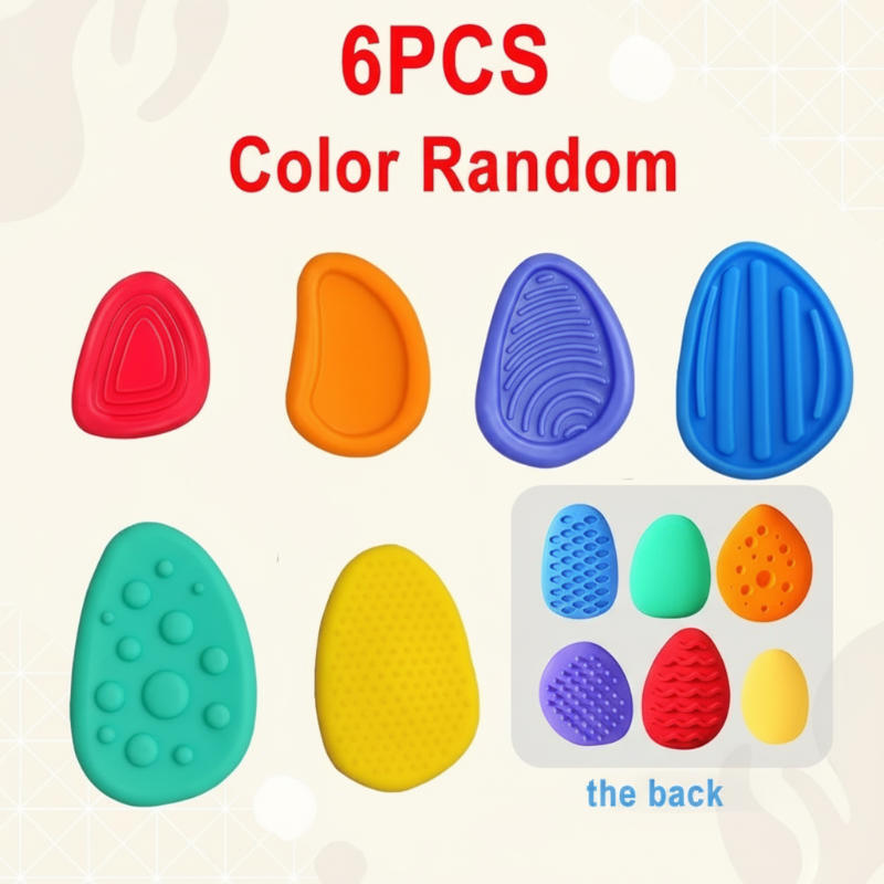 Six-piece silicone fidget stone option in random colors, with varied shapes and textured backs