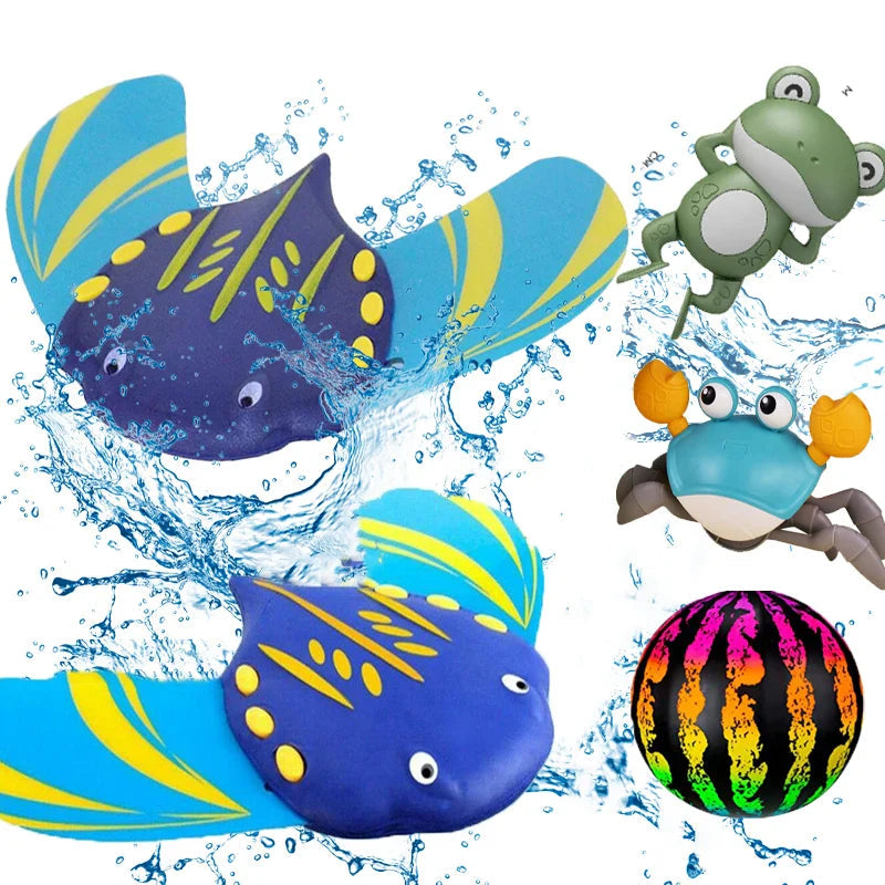 Blue and yellow ray-shaped water toys alongside other colorful water toy illustrations