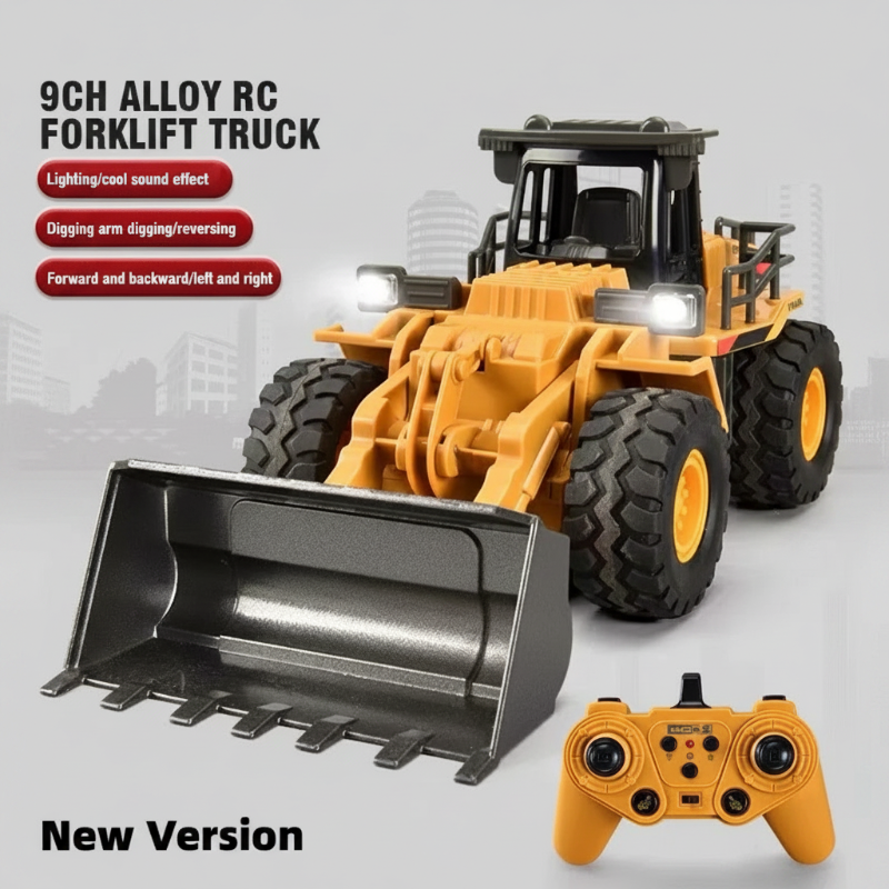 Yellow RC bulldozer with a front scoop, illuminated headlights, and handheld controller
