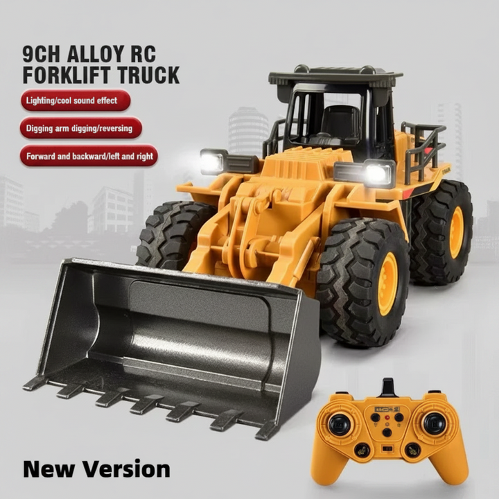 Yellow RC bulldozer with a front scoop, illuminated headlights, and handheld controller