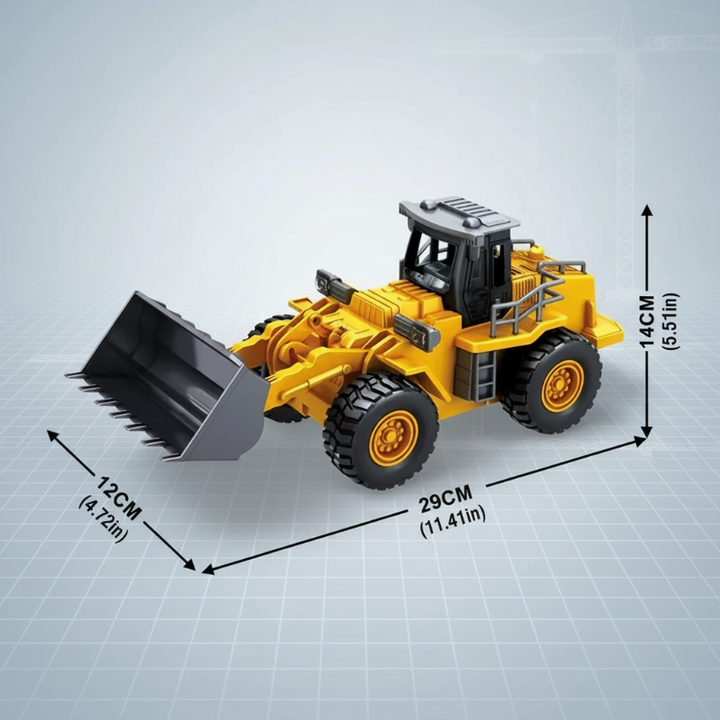 Yellow RC bulldozer with dimensions labeled 29 cm long, 12 cm wide, and 14 cm high