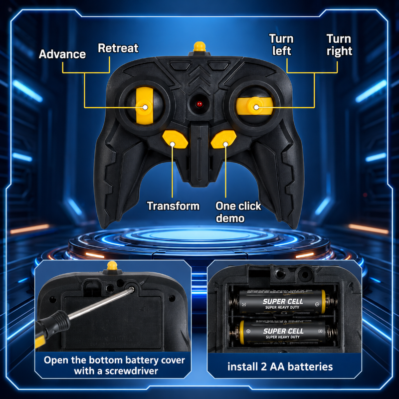 Remote control guide showing driving, transformation, demo buttons, and two-AA battery installation
