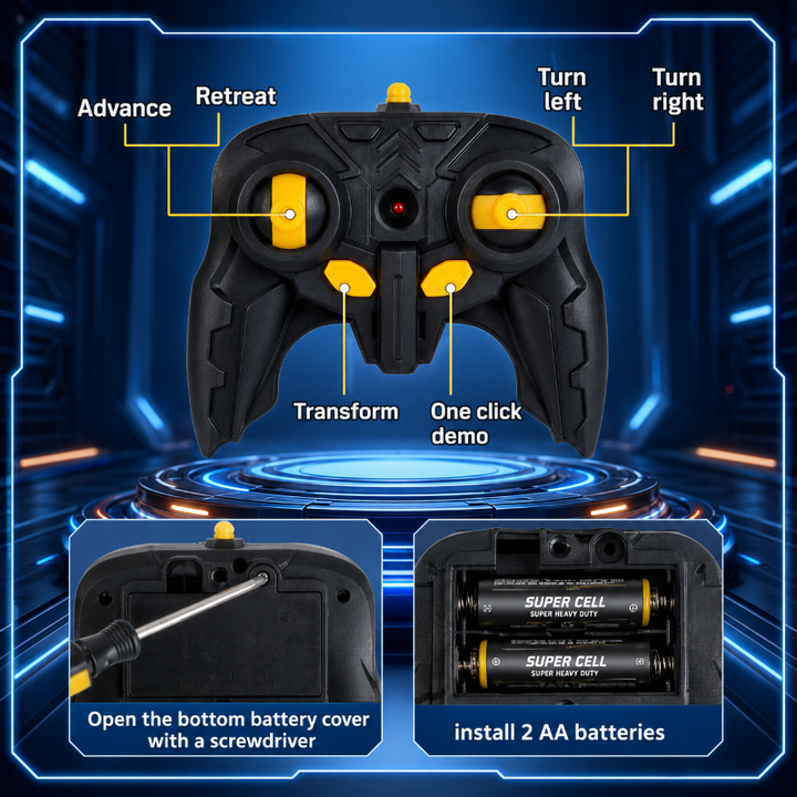 Remote control guide showing driving, transformation, demo buttons, and two-AA battery installation