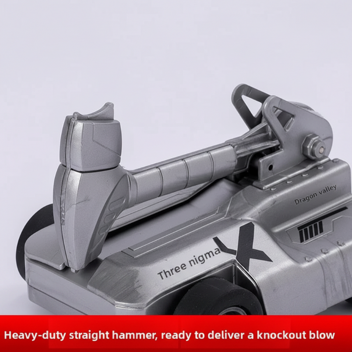 Hammer attachment and pivot mechanism on the gray armored RC car