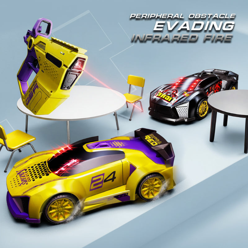 Yellow and black RC cars in an illustrated infrared chase around tables and chairs